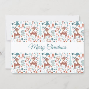 Cute Deer in Whimsical Forest Pattern Holiday Card