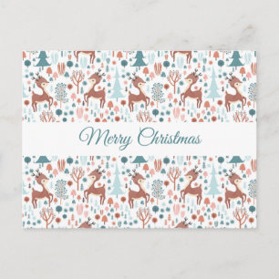 Cute Deer in Whimsical Forest Pattern Holiday Postcard