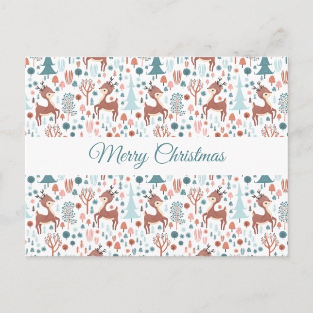 Cute Deer in Whimsical Forest Pattern Holiday Postcard (Front)