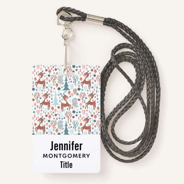 Cute Deer in Whimsical Forest Pattern ID Badge (Front with Lanyard)