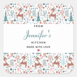 Cute Deer in Whimsical Forest Pattern Kitchen Square Sticker