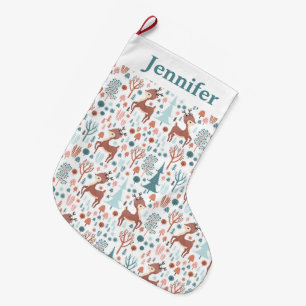 Cute Deer in Whimsical Forest Pattern Large Christmas Stocking