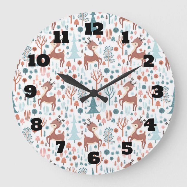 Cute Deer in Whimsical Forest Pattern Large Clock (Front)