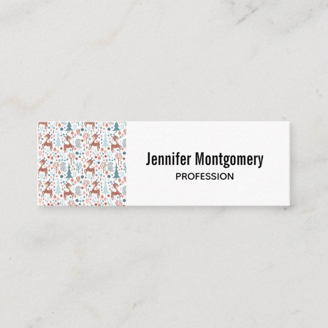 Cute Deer in Whimsical Forest Pattern Mini Business Card (Front)