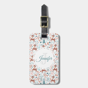 Cute Deer in Whimsical Forest Pattern Monogram Luggage Tag