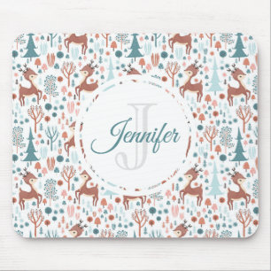 Cute Deer in Whimsical Forest Pattern Monogram Mouse Pad