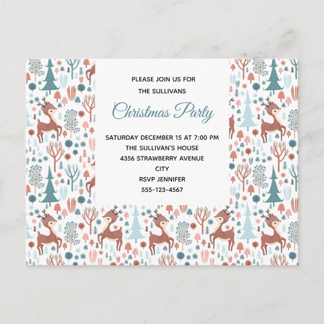 Cute Deer in Whimsical Forest Pattern Party Invitation Postcard (Front)