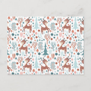Cute Deer in Whimsical Forest Pattern Postcard