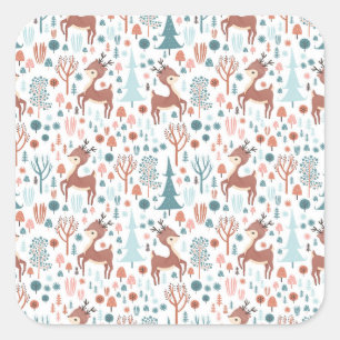 Cute Deer in Whimsical Forest Pattern Square Sticker
