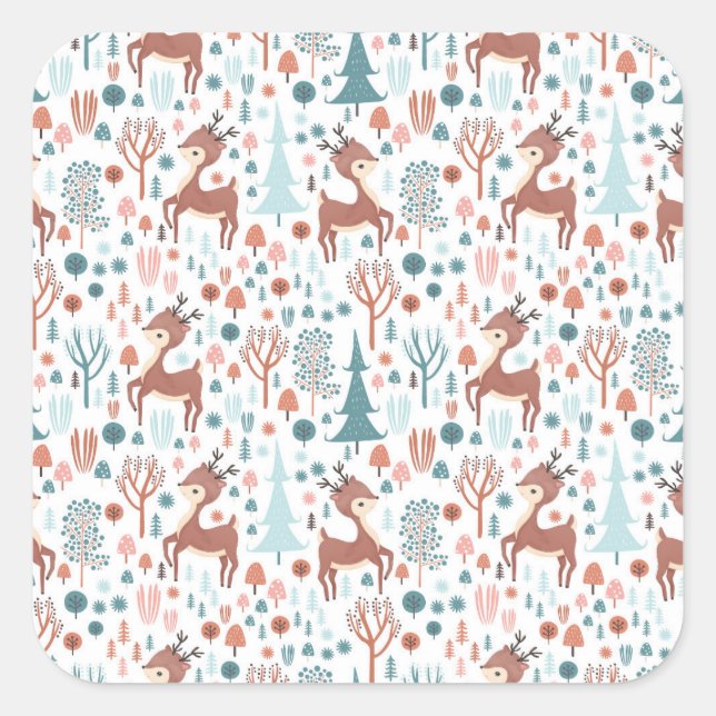 Cute Deer in Whimsical Forest Pattern Square Sticker (Front)
