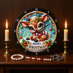 Cute Deer Merry Christmas Graphic Large Clock