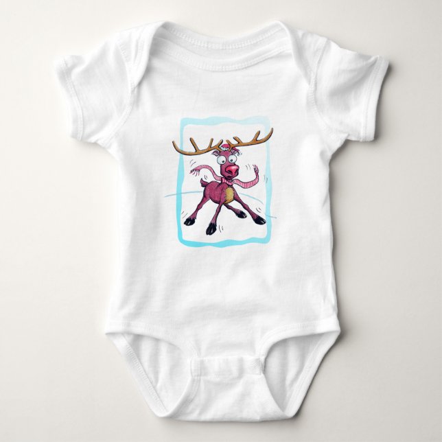 Cute Deer on ice Funny Christmas holidays Cartoon Baby Bodysuit (Front)