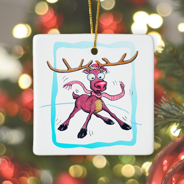 Cute Deer on ice Funny Christmas holidays Cartoon Ceramic Ornament (Creator Uploaded)