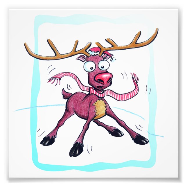 Cute Deer on ice Funny Christmas holidays Cartoon Photo Print (Front)