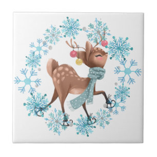 Cute Deer on Skates Snowflake Wreath Ceramic Tile
