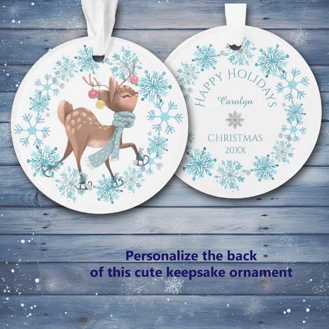 Cute Deer on Skates Snowflake Wreath Ornament (Creator Uploaded)