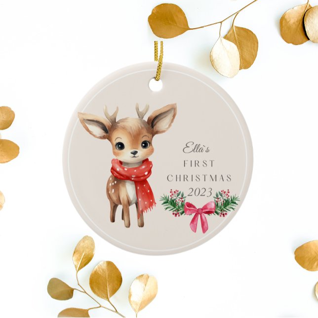 Cute Deer Personalised Kid`s First Christmas  Ceramic Ornament (Cute Deer Personalized Kid`s First Christmas Ceramic Ornament)