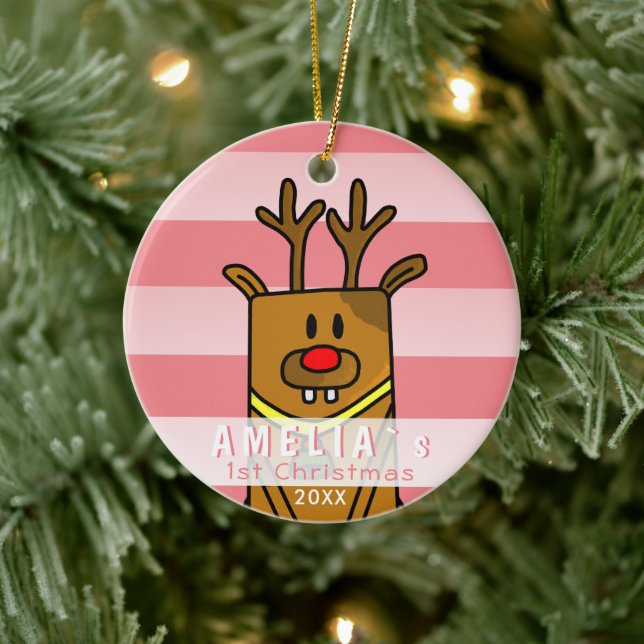 Cute Deer Pink Baby`s First Christmas Ceramic Ornament (Tree)