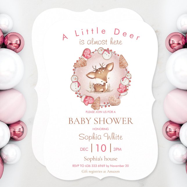 Cute Deer Pink Christmas Baby Shower Invitation (Pink Christmas baby shower invitation with a cute baby deer)