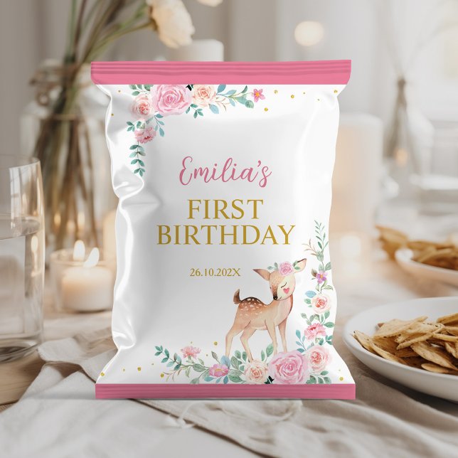 Cute Deer Pink Floral Birthday Chip Bag Wrapper (Creator Uploaded)
