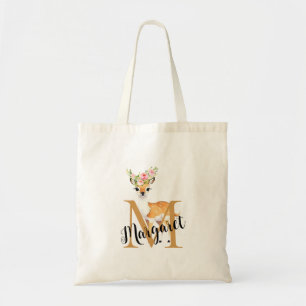 Cute Deer Pink Flower Personalised Monogram Tote Bag