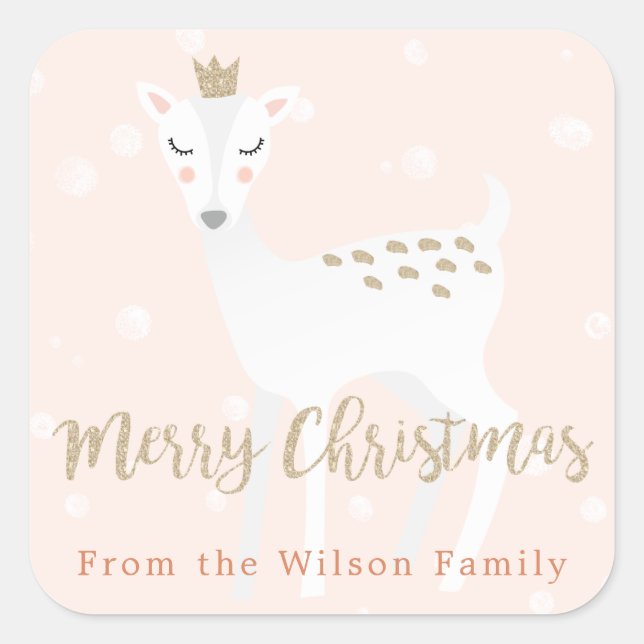 Cute Deer  | Pink Personalised Christmas Sticker (Front)