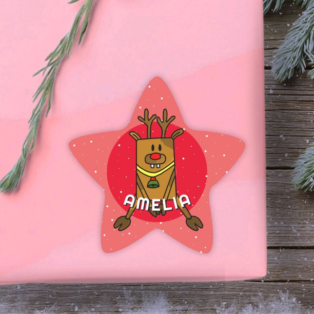 Cute Deer Red Christmas Kid`s Name  Star Sticker (Creator Uploaded)