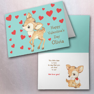 Cute Deer Red Hearts Kids Valentine Holiday Card