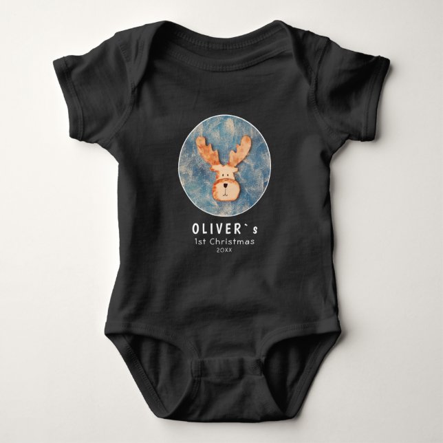 Cute Deer Reindeer Baby`s First Christmas Black  Baby Bodysuit (Front)