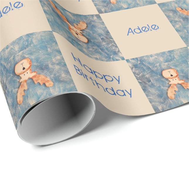Cute Deer Reindeer Blue Happy Birthday Kids Wrapping Paper (Roll Corner)