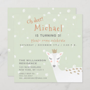 Cute Deer   Sage Green Kids Winter Birthday Invitation