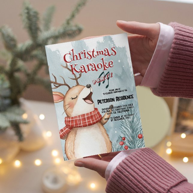 Cute Deer Singing Christmas Karaoke Party  Invitation (Creator Uploaded)