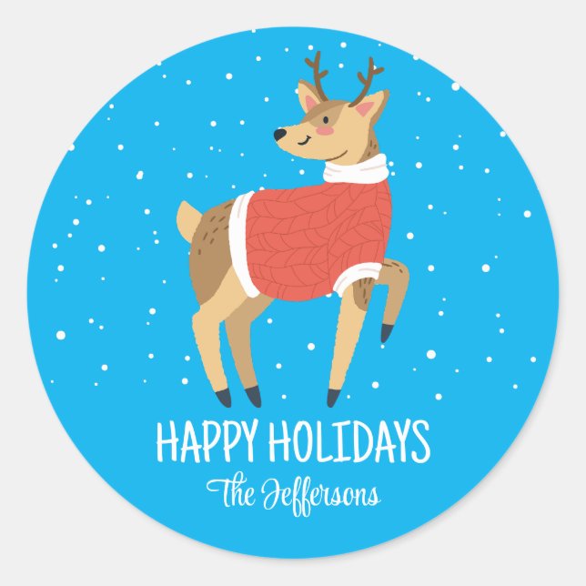 Cute Deer Snowy Winter Holiday Christmas Animal Classic Round Sticker (Front)