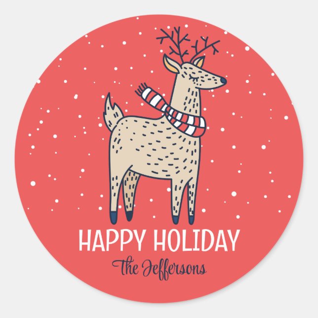 Cute Deer Snowy Winter Holiday Christmas Animal Classic Round Sticker (Front)