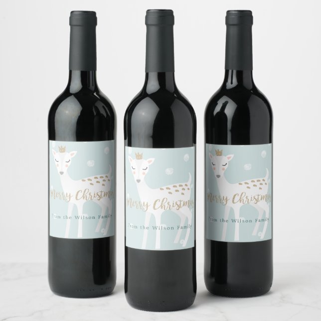 Cute Deer | Soft Blue | Personalised Christmas Wine Label (Bottles)