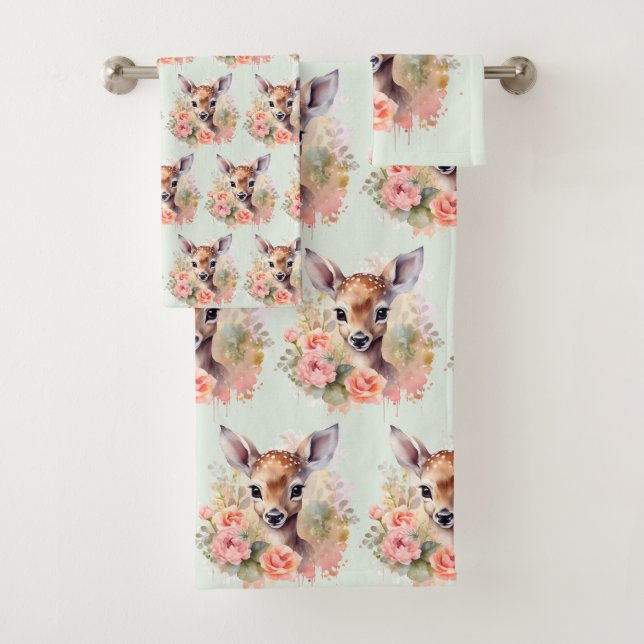 Cute Deer Surrounded By Roses Bath Towel Set (Insitu)
