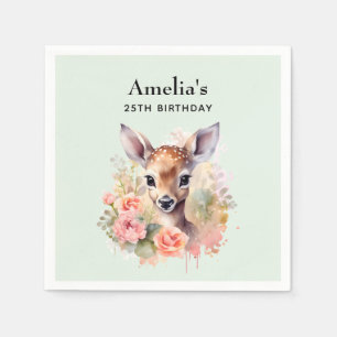 Cute Deer Surrounded By Roses Birthday Napkin