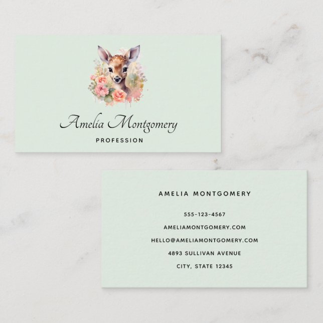 Cute Deer Surrounded By Roses Business Card (Front/Back)