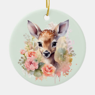 Cute Deer Surrounded By Roses Ceramic Ornament