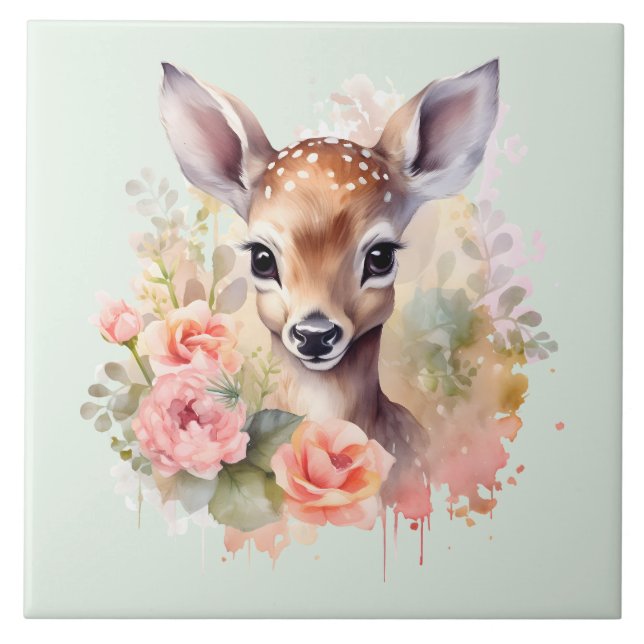 Cute Deer Surrounded By Roses Ceramic Tile (Front)