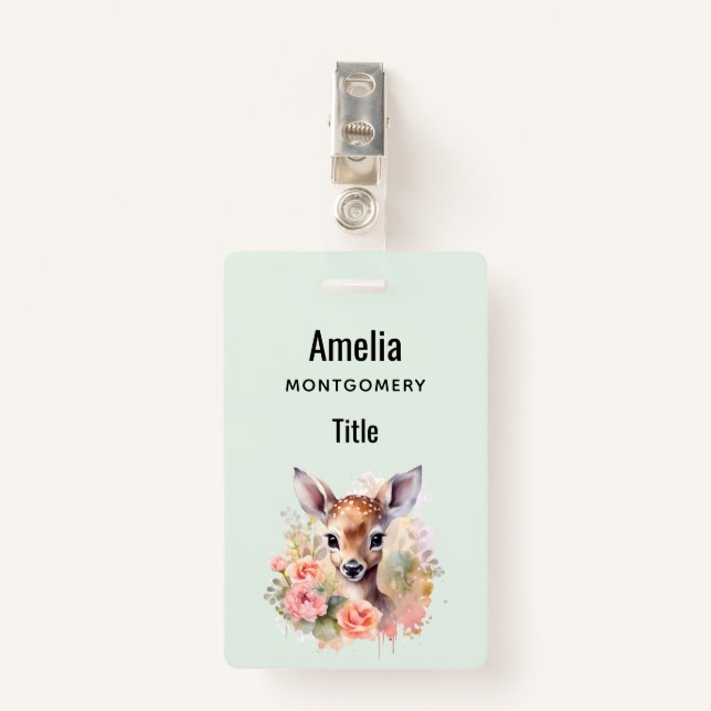 Cute Deer Surrounded By Roses ID Badge (Front with Clip)