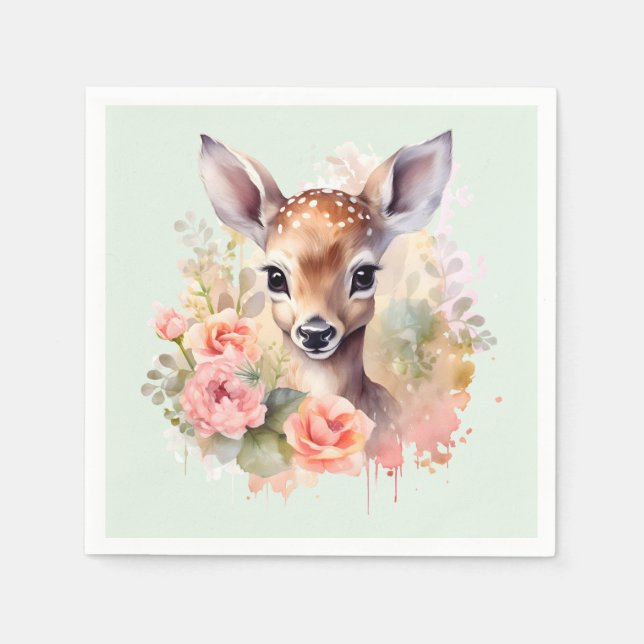 Cute Deer Surrounded By Roses Napkin (Front)