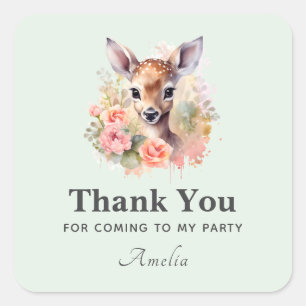 Cute Deer Surrounded By Roses Party Thank You Square Sticker