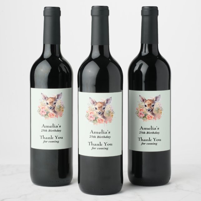 Cute Deer Surrounded By Roses Party Thank You Wine Label (Bottles)