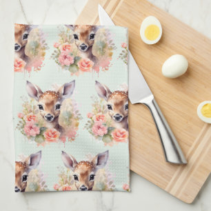 Cute Deer Surrounded By Roses Pattern Tea Towel