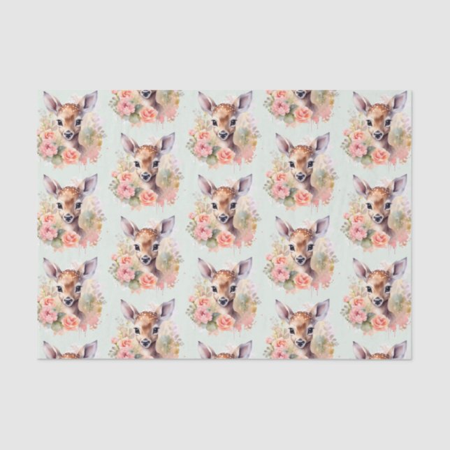 Cute Deer Surrounded By Roses Pattern Tissue Paper (Front)