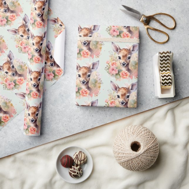 Cute Deer Surrounded By Roses Pattern Wrapping Paper (Crafts)