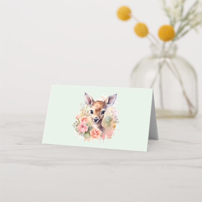Cute Deer Surrounded By Roses Place Card (Front)