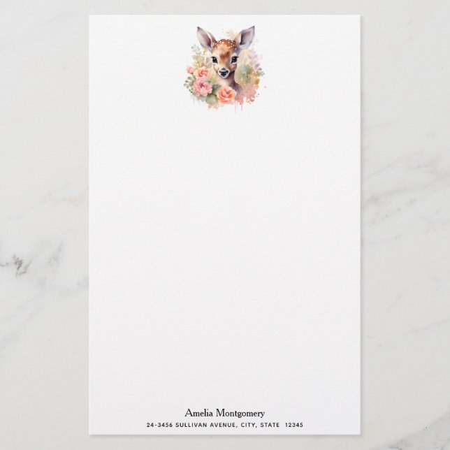 Cute Deer Surrounded By Roses Stationery (Front)