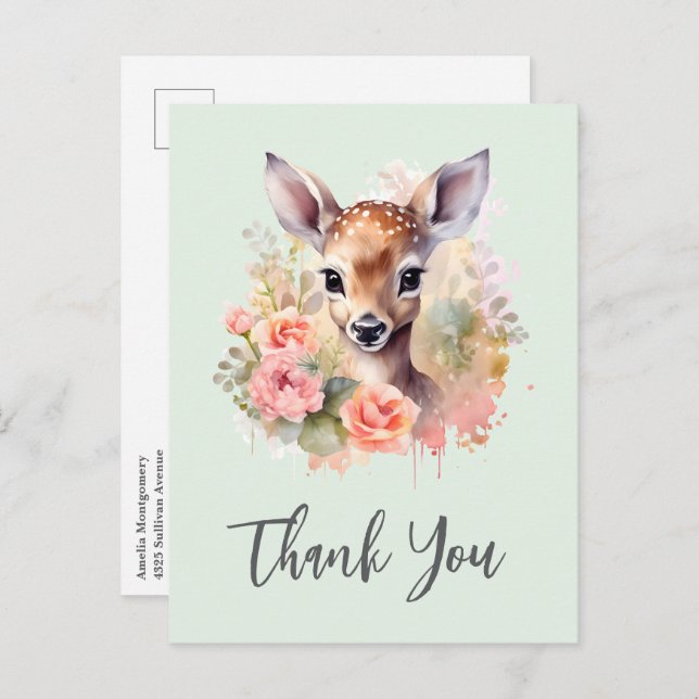 Cute Deer Surrounded By Roses Thank You Postcard (Front/Back)